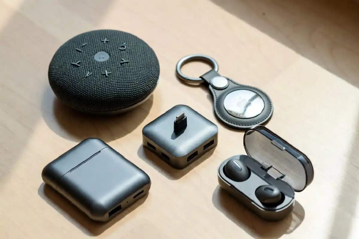 Collection of compact mini gadgets on a modern desk