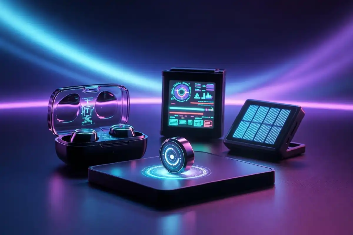 Futuristic AI-powered mini gadgets concept display