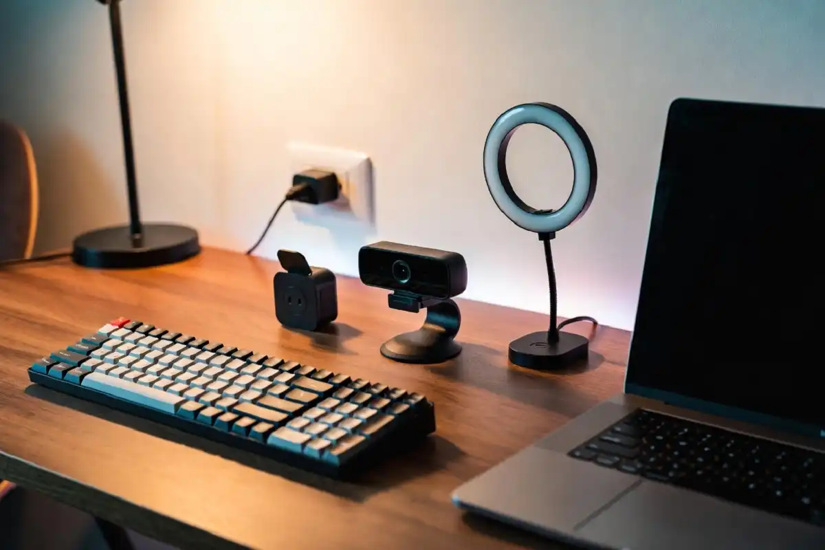Home office desk featuring useful mini tech gadgets