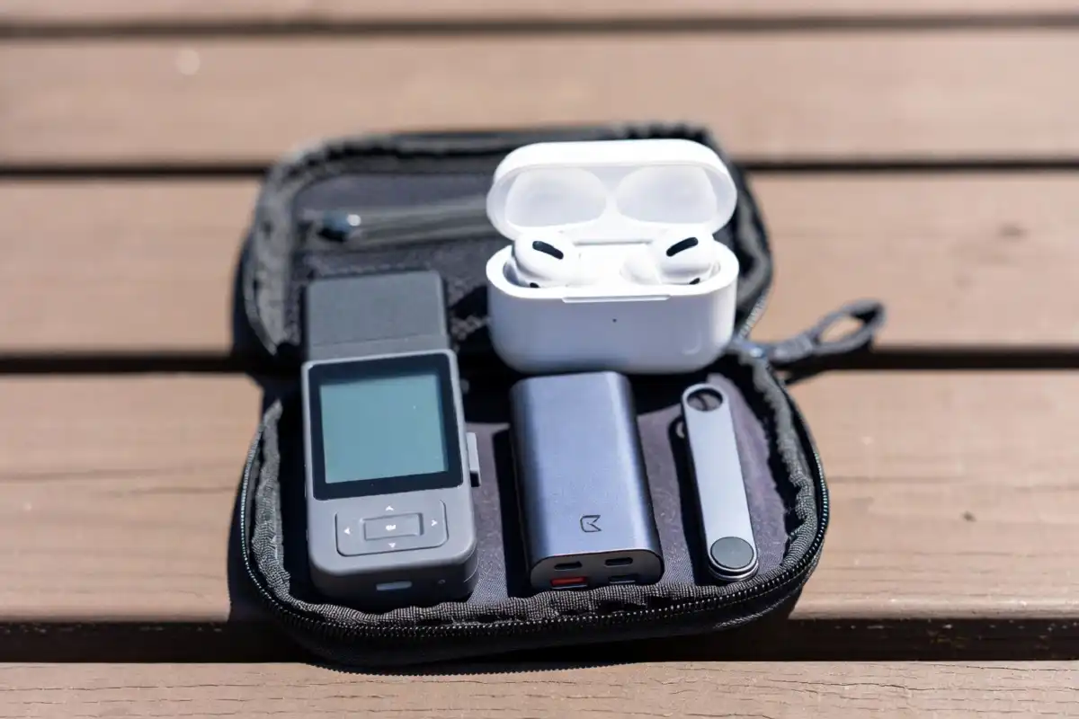 Compact travel mini gadgets neatly packed in a small pouch