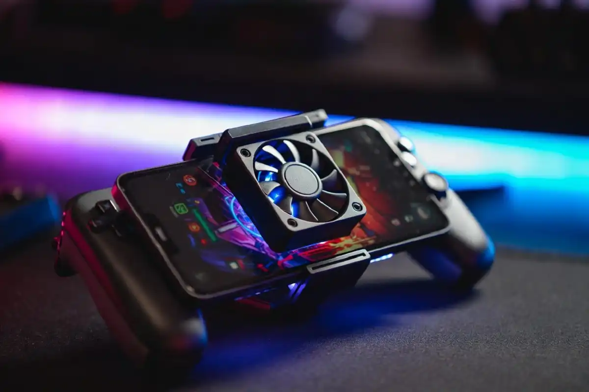 Mobile gaming setup with controller and cooling fan