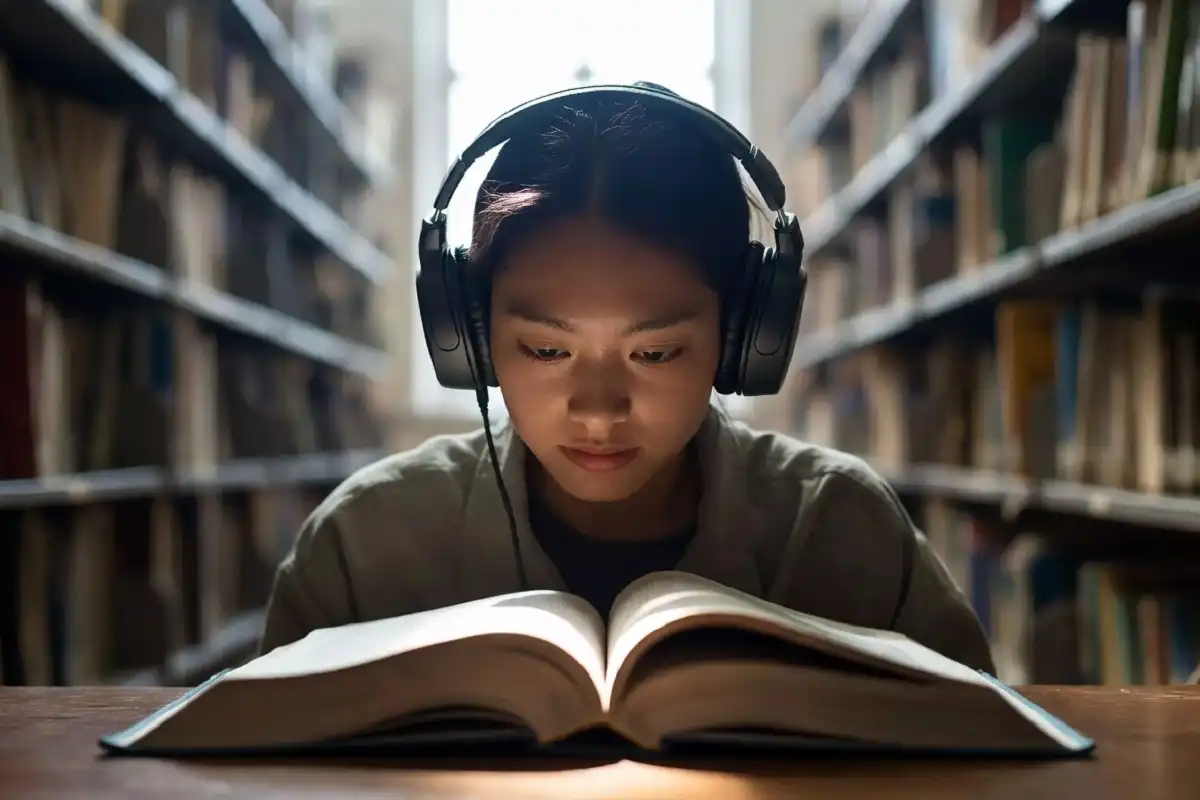 Student using noise-canceling headphones as a study gadget