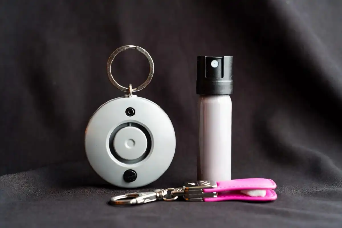 A collection of personal safety gadgets for self defence including alarms and pepper spray