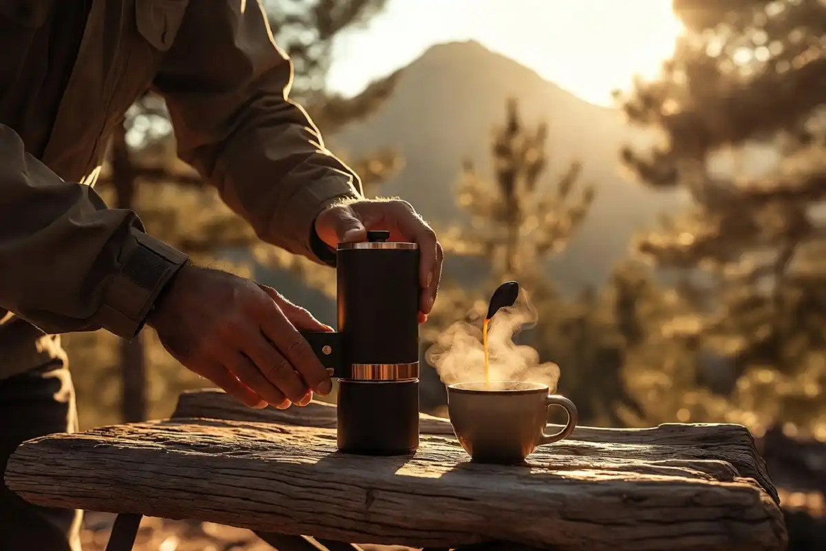 Man using a portable espresso maker while camping outdoors