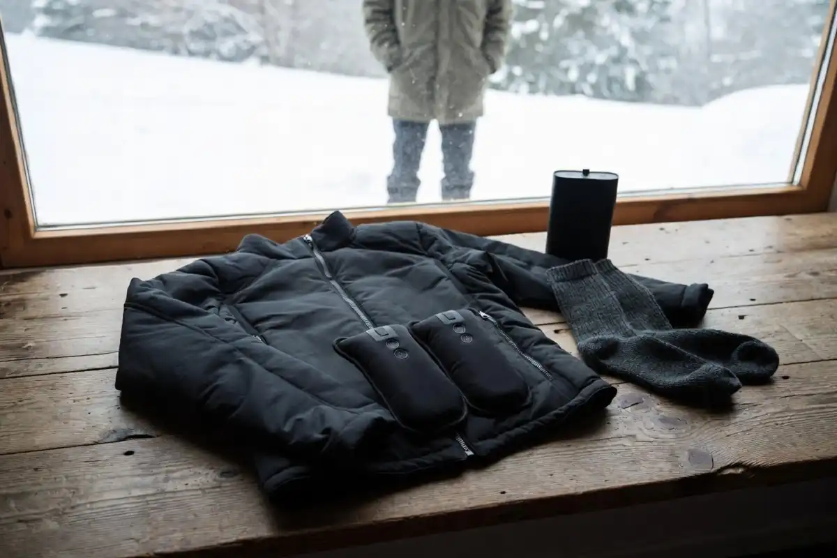 A heated jacket and rechargeable electric hand warmers laid out on a wooden surface alongside winter accessories with snow visible through a window