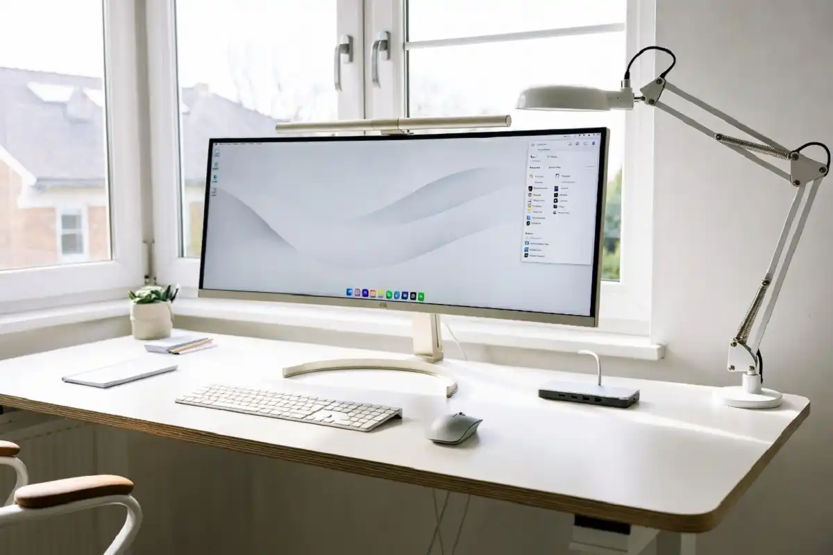 Productivity technology gadgets arranged on a modern home office desk