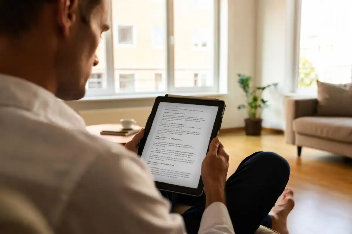 A person relaxing and reading on an e ink tablet in a bright modern living room