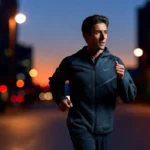 Runner wearing reflective Nike Tech jacket jogging on an urban street at dusk