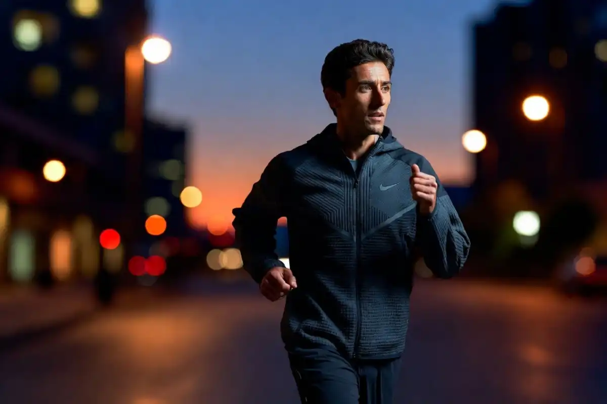 Runner wearing reflective Nike Tech jacket jogging on an urban street at dusk
