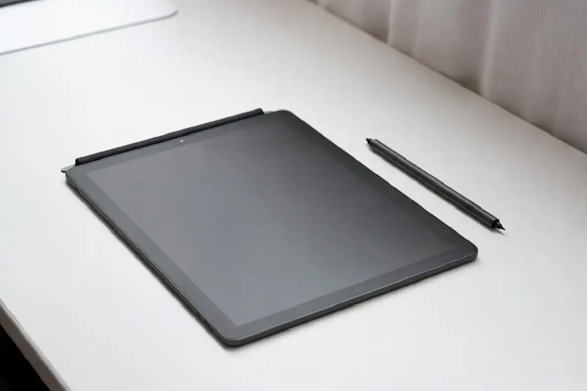 reMarkable 2 review tablet and marker pen laid flat on a white desk in a clean product shot