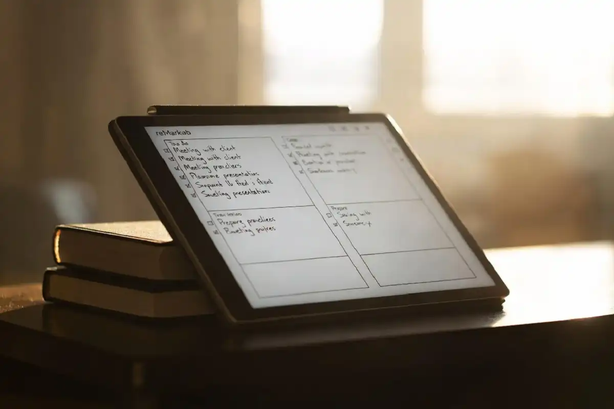 reMarkable 2 tablet propped against books showing a handwritten to-do list in a morning desk setup