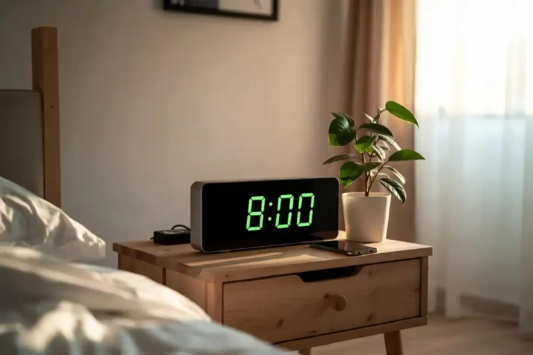 A cozy modern bedroom with smart gadgets on the nightstand