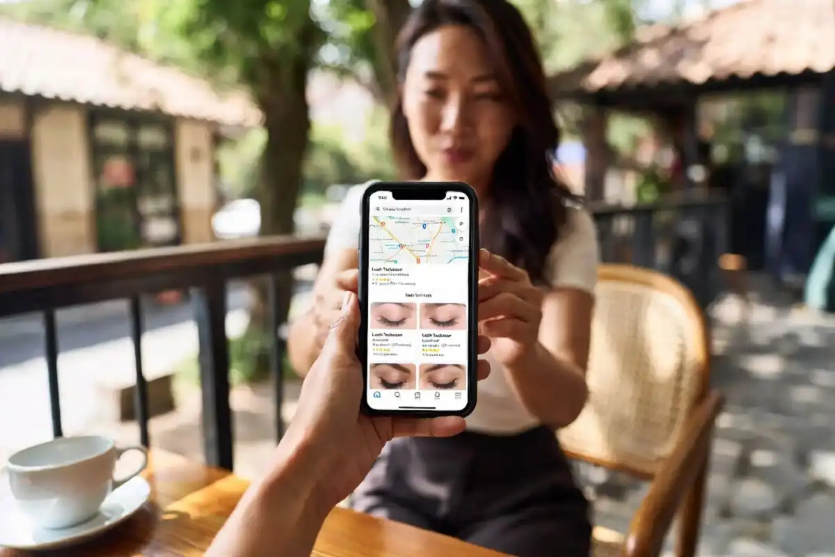 Person searching for lash tech near me on a smartphone using Google Maps