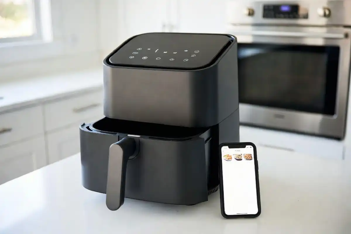 A sleek black smart air fryer on a kitchen counter with a phone showing the companion app beside it