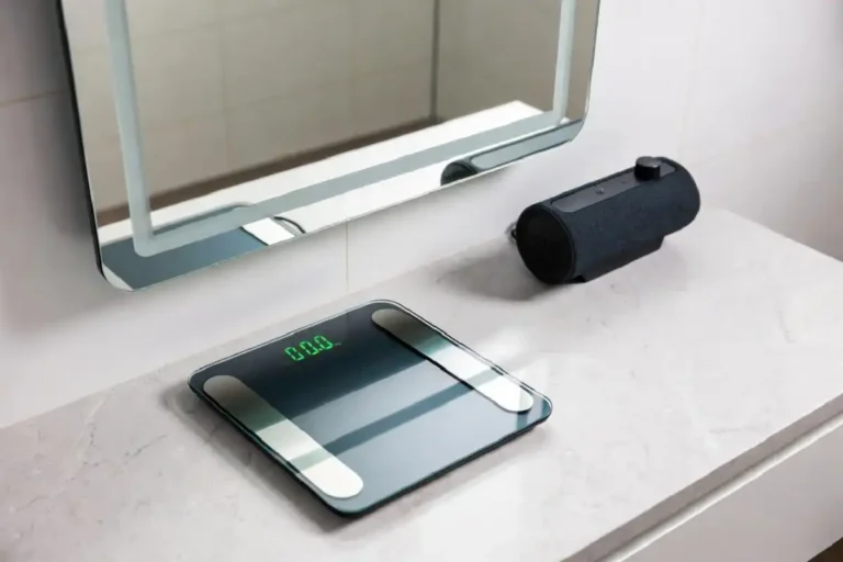 A collection of modern smart bathroom gadgets on a clean white bathroom countertop