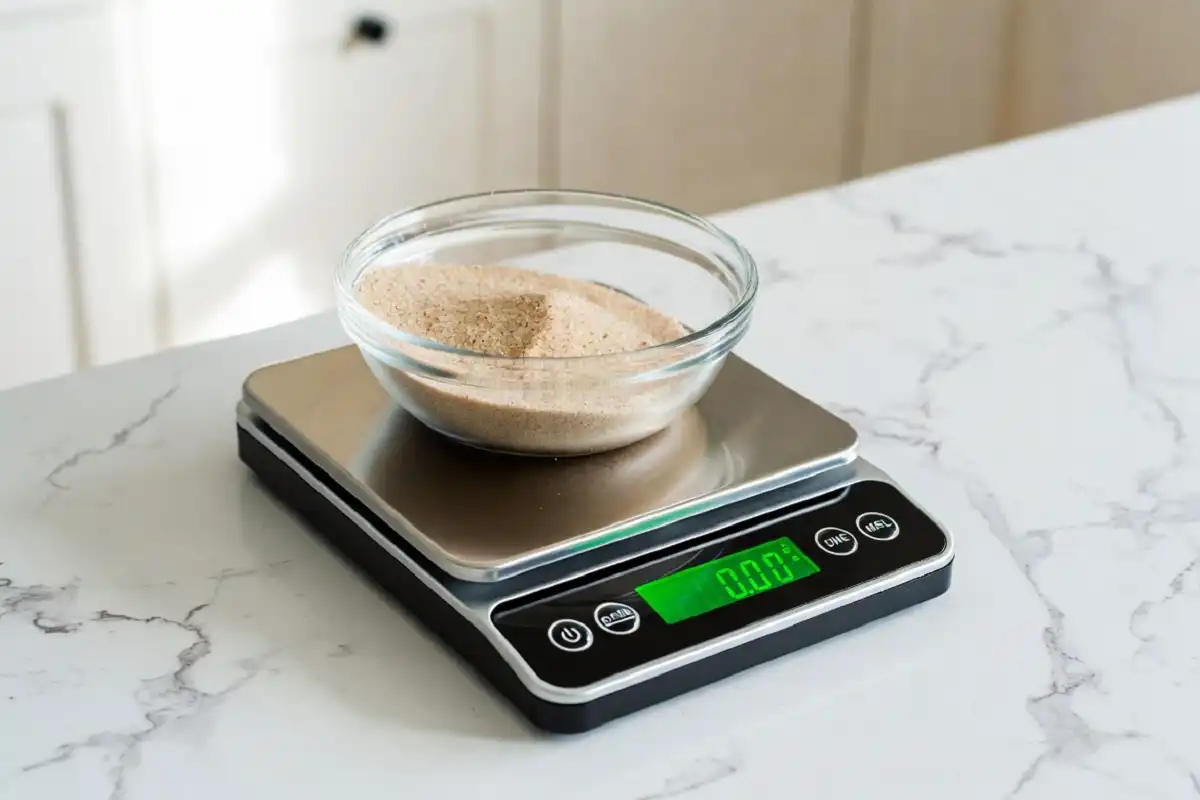 Smart food scale as a useful new kitchen gadget on a marble countertop