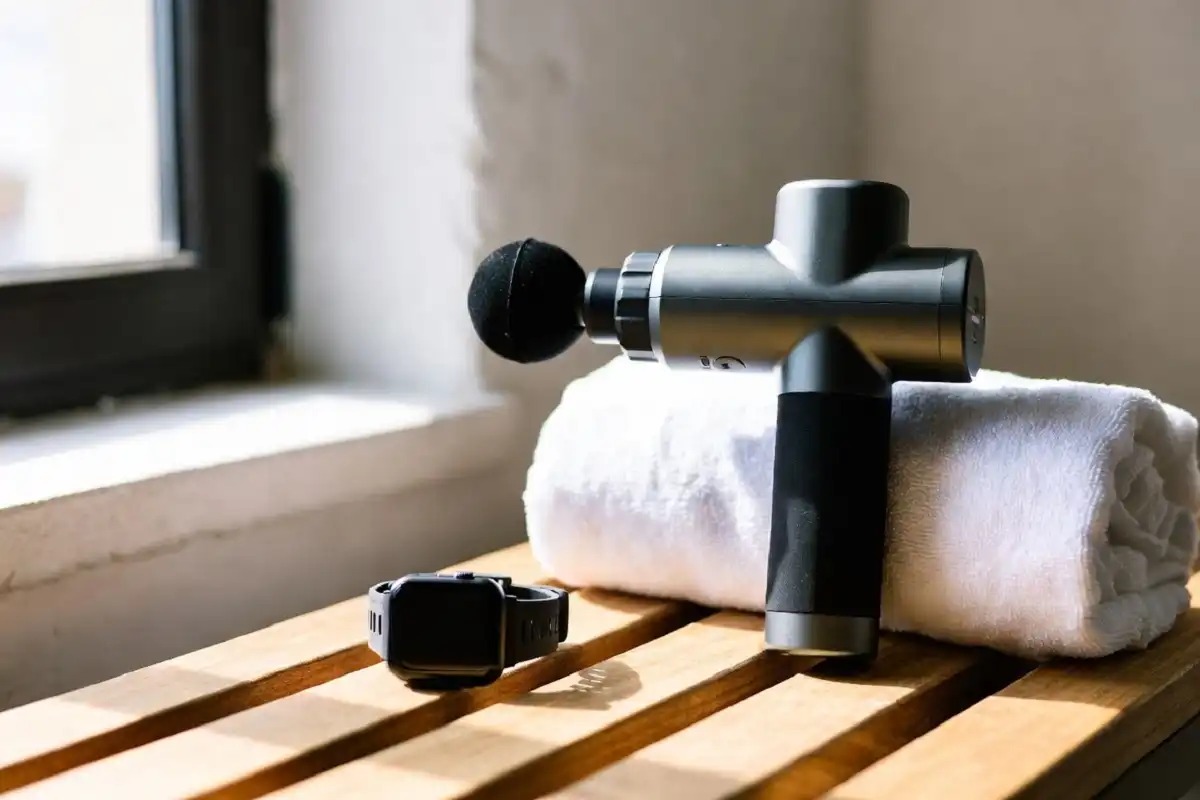 Smart gadgets for men focused on fitness including a GPS smartwatch and massage gun on a gym bench