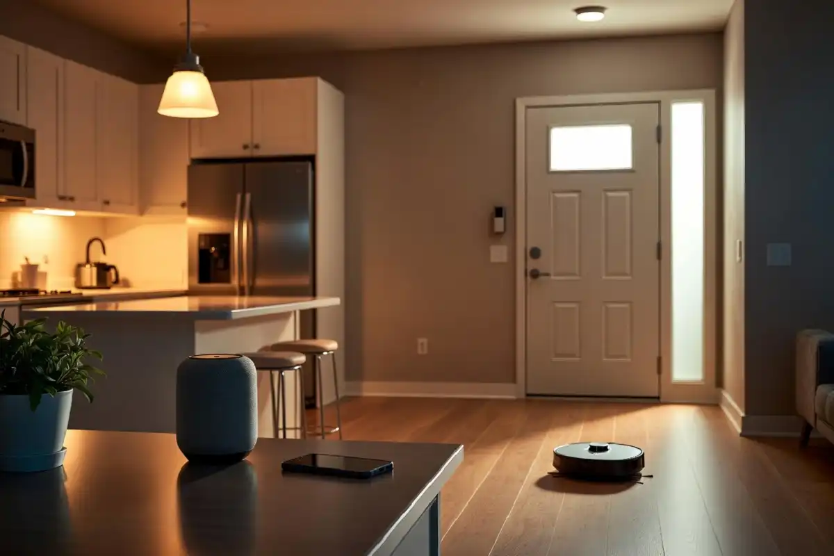 Smart gadgets for men at home including a smart speaker, robot vacuum, and video doorbell in a modern apartment