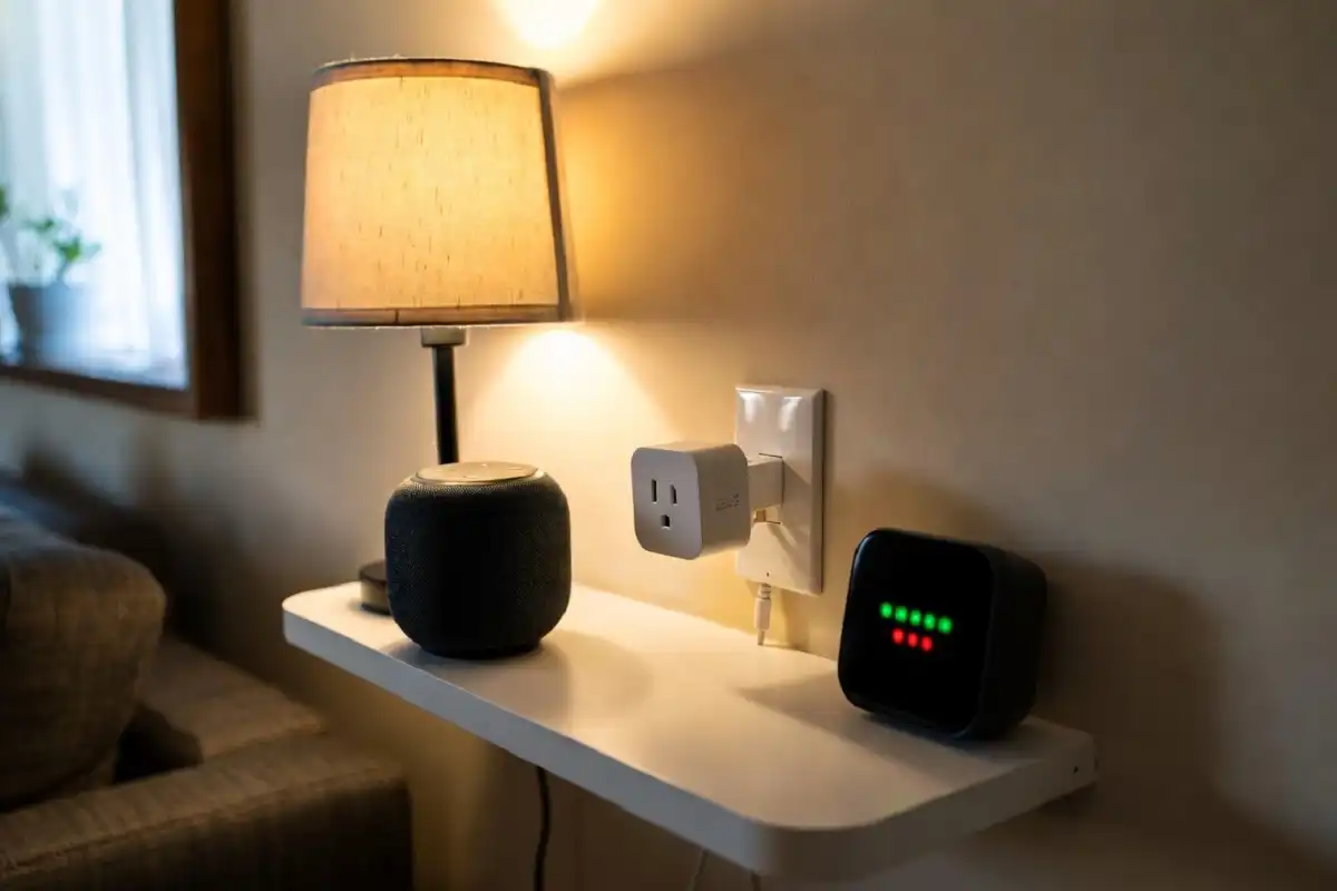 Smart home gadgets including a voice assistant speaker and smart plug on a home shelf