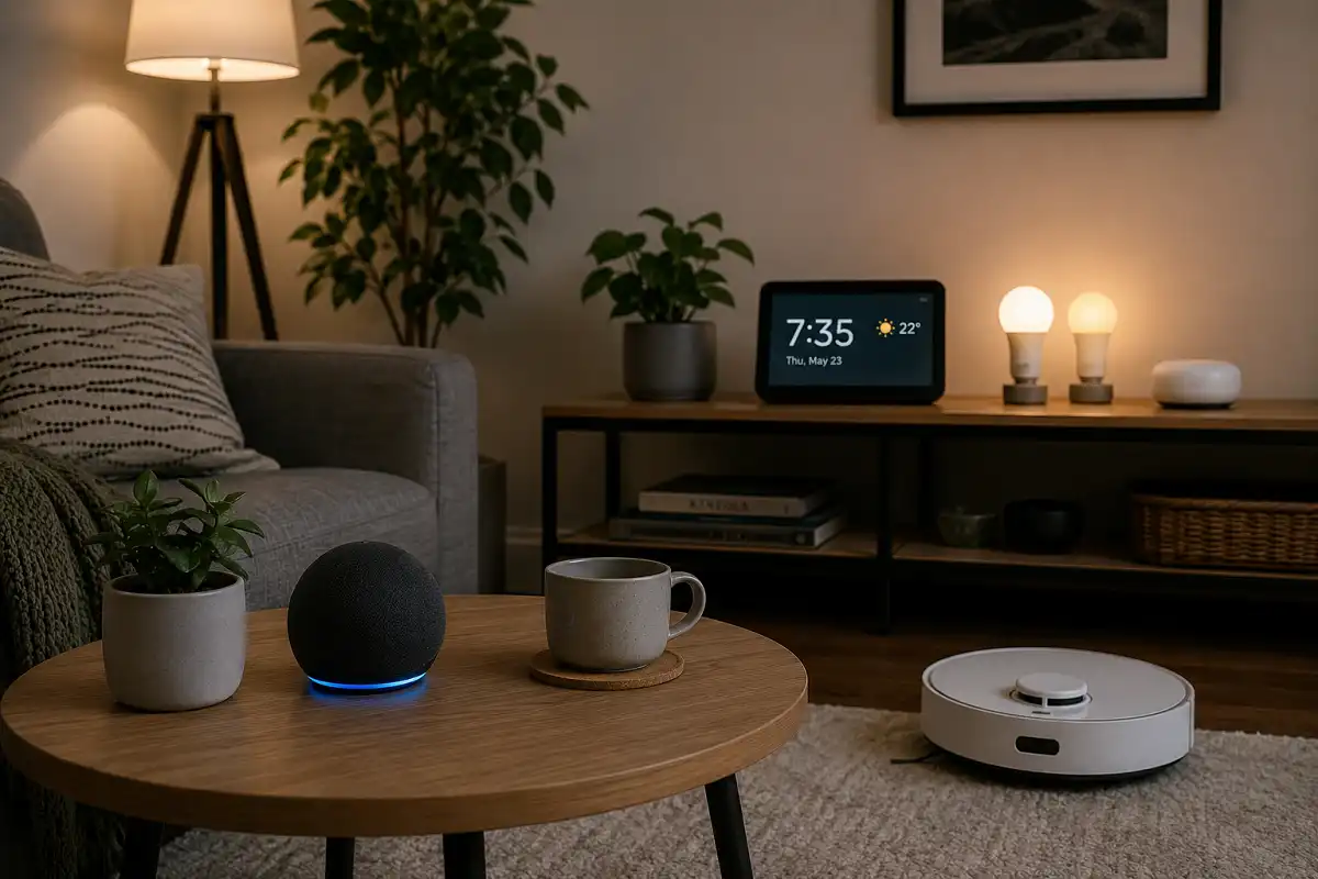 Smart home gadgets including a voice assistant device and smart bulbs on a modern living room table