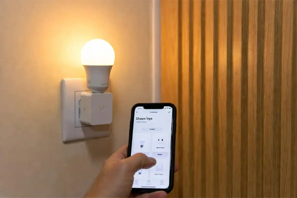 Smart bulb and smart plug being controlled through a phone app at home