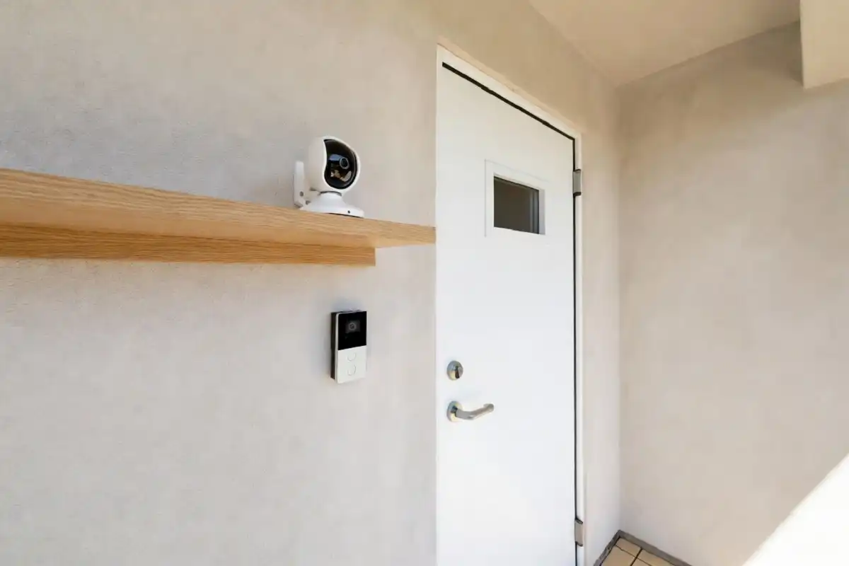 Smart home security gadgets including a video doorbell and indoor security camera on a home entrance wall
