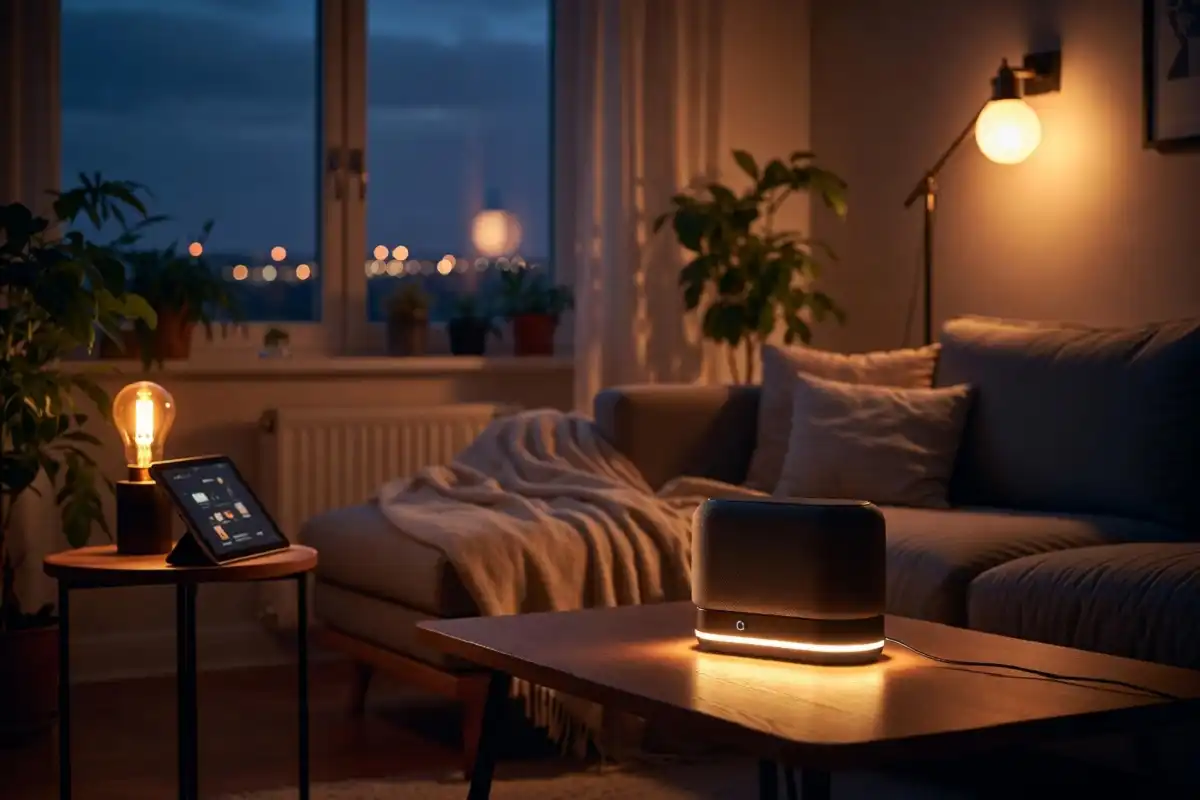 Smart home technology gadgets including a voice assistant and smart lighting setup