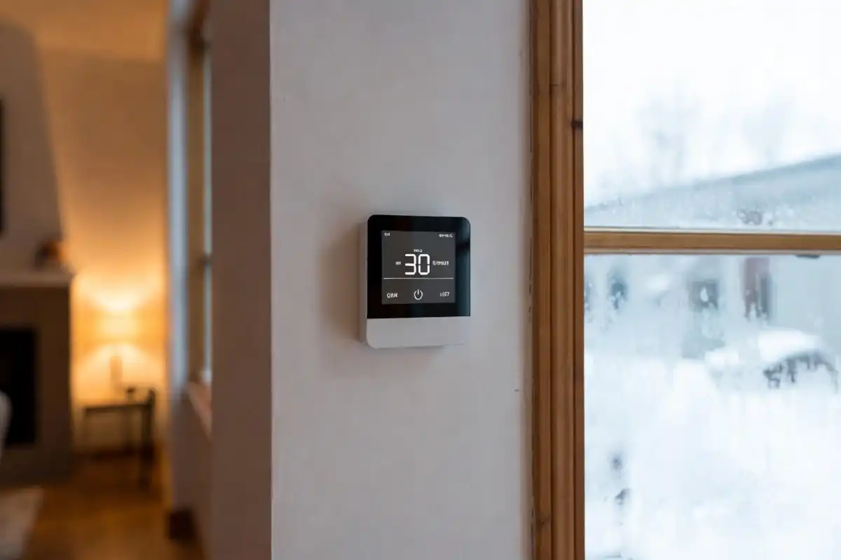 A smart thermostat mounted on a white wall inside a warm living room with a frost-covered window visible in the background during winter