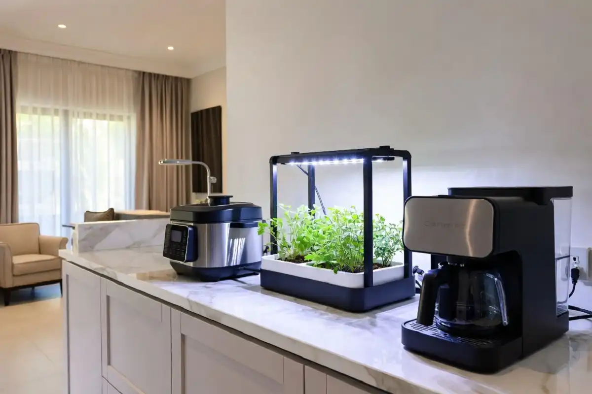 A well-equipped modern kitchen with smart gadgets including an indoor herb garden, smart coffee maker, and multi-cooker on the counter