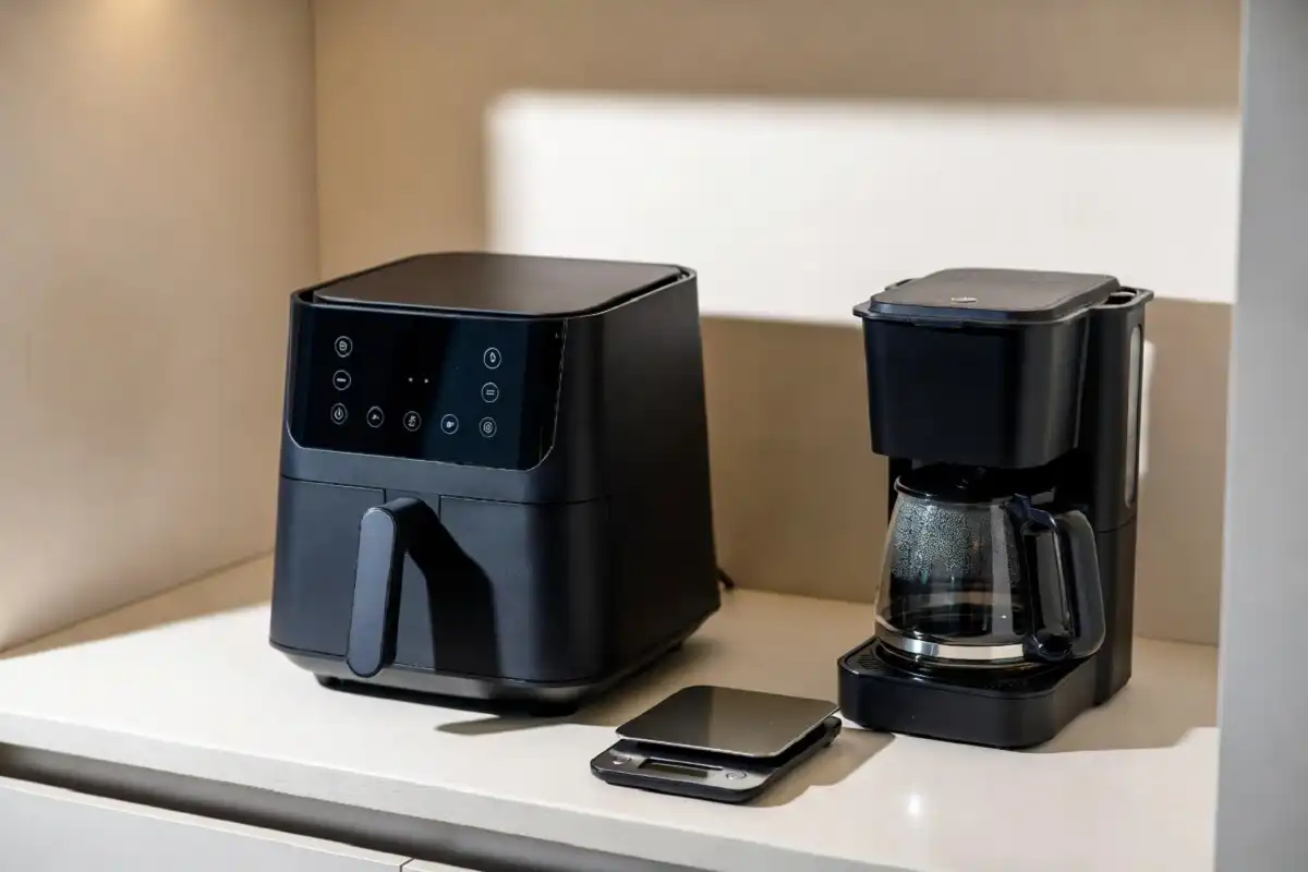 Smart kitchen gadgets including an air fryer, smart coffee maker, and digital food scale on a clean countertop