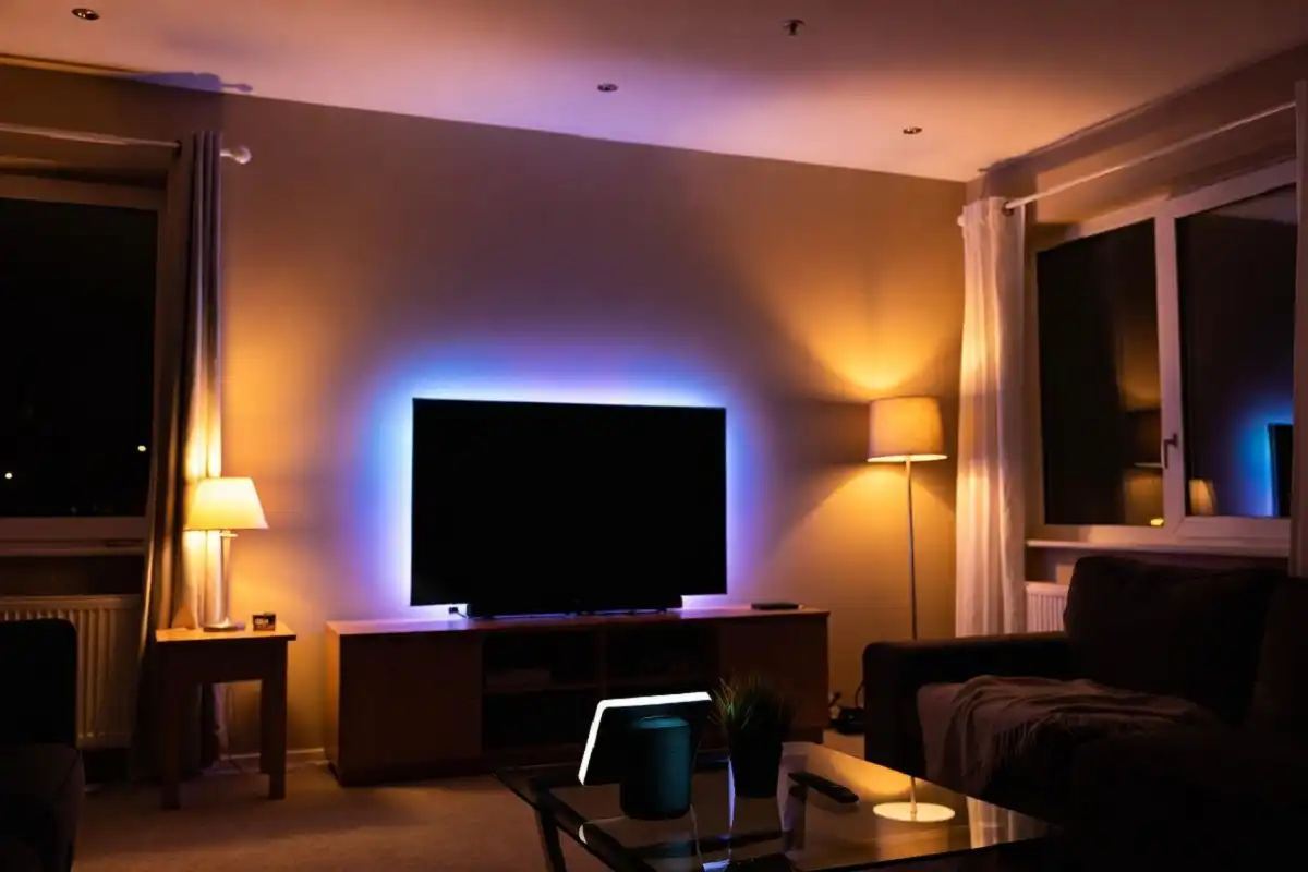 Smart LED strips and Echo Show in a modern living room setup