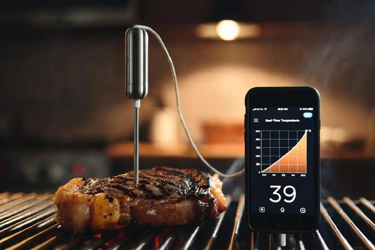A wireless smart meat thermometer probe inserted in a piece of cooking meat on a grill with a phone displaying the temperature app