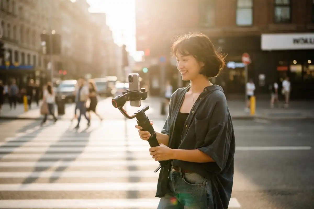 Content creator using a smartphone gimbal outdoors
