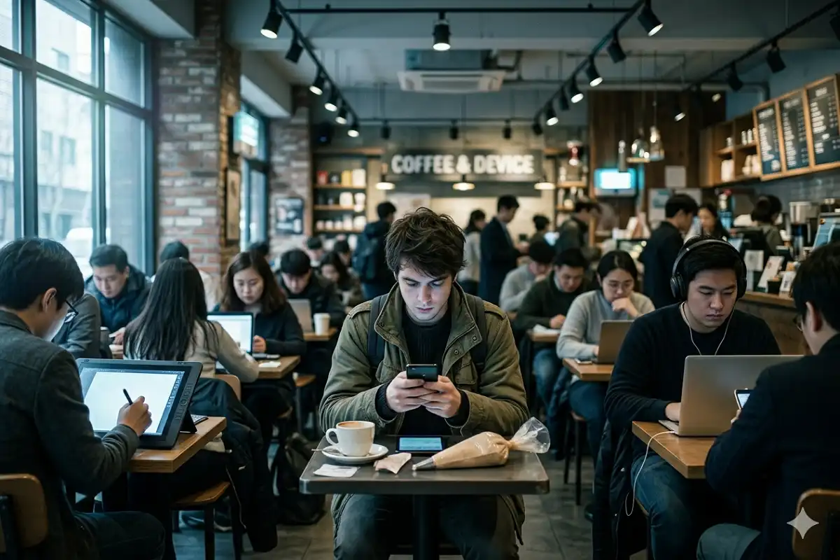Person surrounded by gadgets yet feeling lonely — social impact of technology