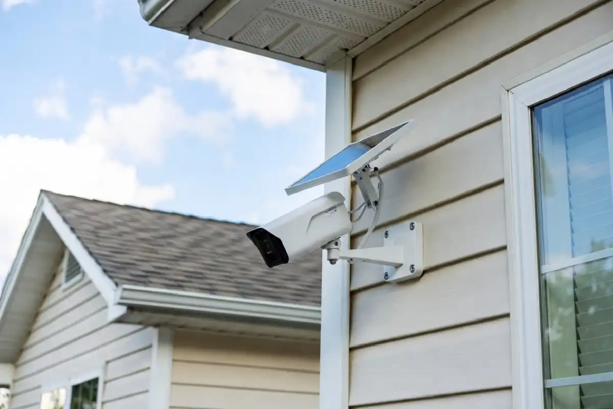 A solar-powered security camera with a small attached solar panel mounted on a white exterior house wall near a front door