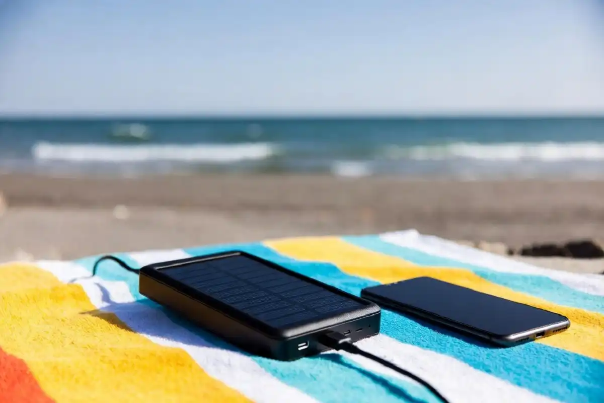 Solar-powered power bank charging phone on a beach towel