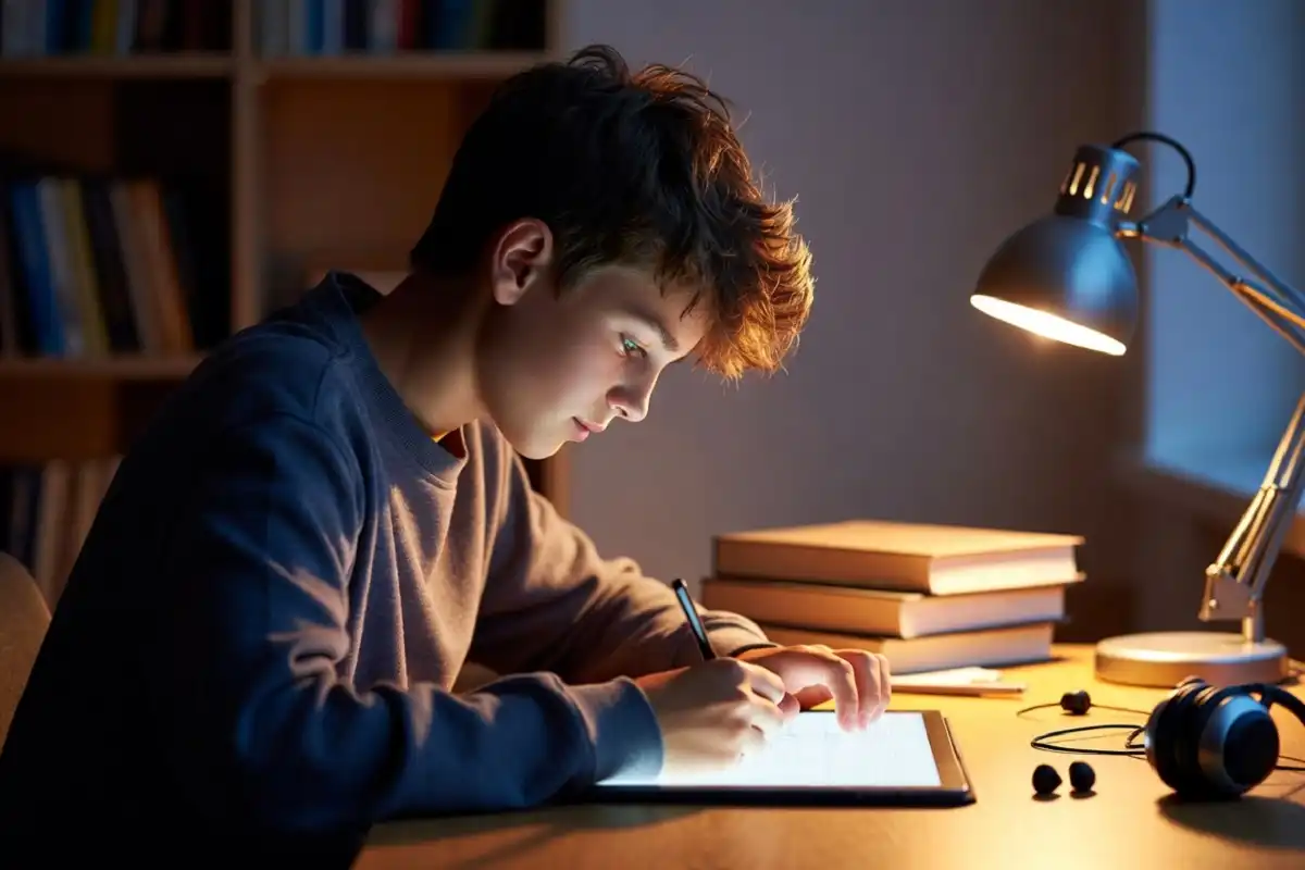 Student using digital gadgets including e-ink tablet and smart pen for studying
