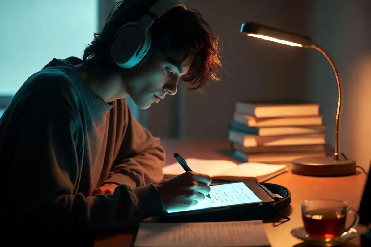 Student surrounded by modern study gadgets on a clean desk