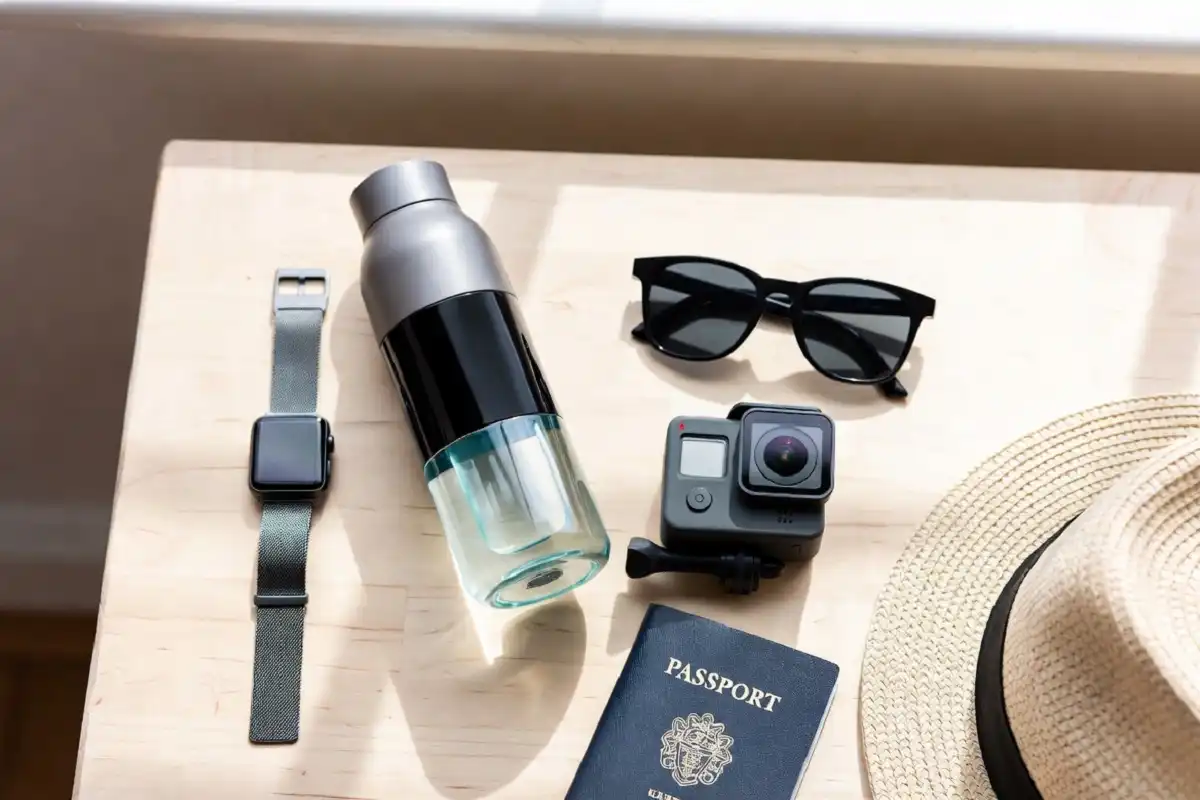 Flat lay of summer travel gadgets including smartwatch, smart bottle, and sunglasses
