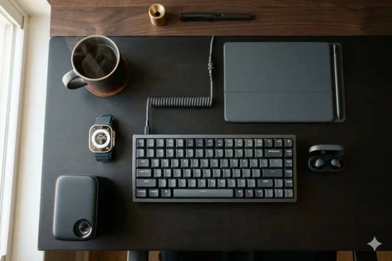 best tech gadgets for men 2026 flat lay desk setup