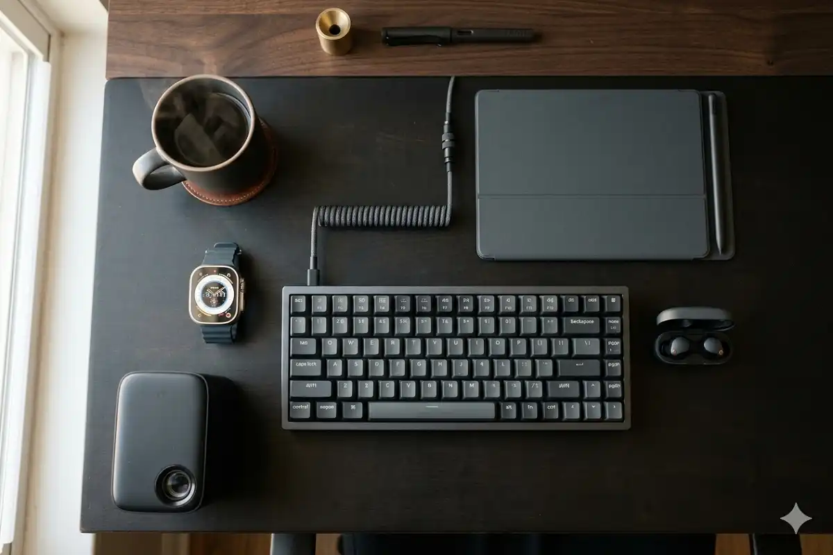 best tech gadgets for men 2026 flat lay desk setup