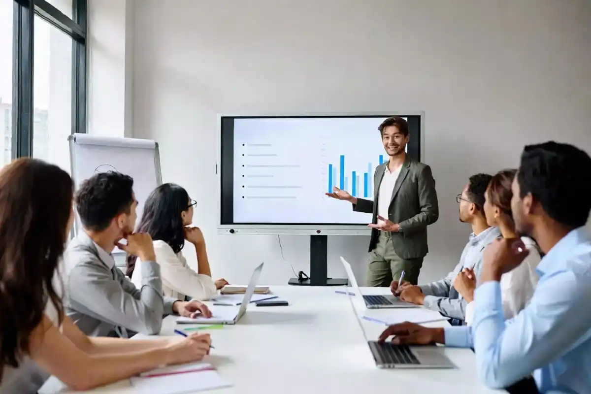 A tech sales professional presenting to a team in a modern office meeting room