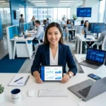 A tech sales professional working in a modern office with digital tools