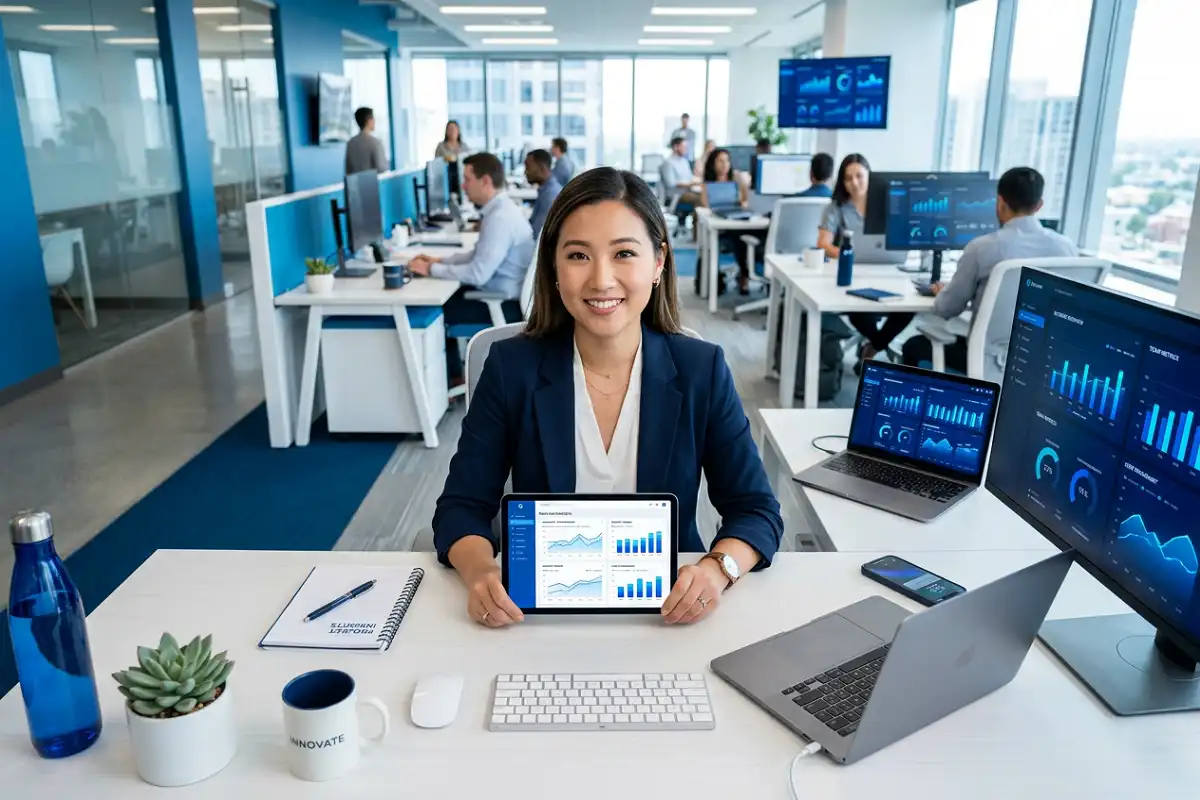 A tech sales professional working in a modern office with digital tools