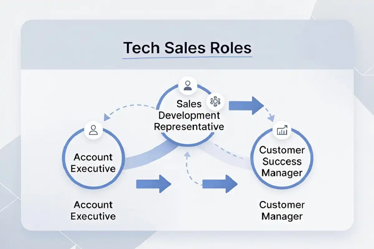 Diagram showing different roles in a tech sales team including SDR, AE, CSM, and Sales Engineer