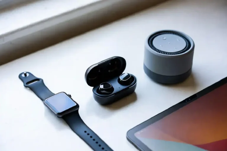 A collection of modern technology gadgets on a clean desk setup