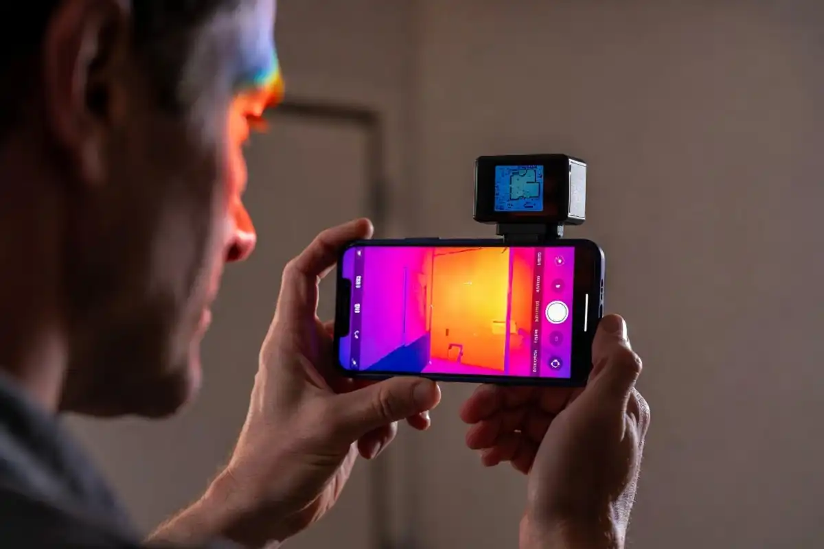 Man using a thermal camera smartphone attachment to inspect a wall