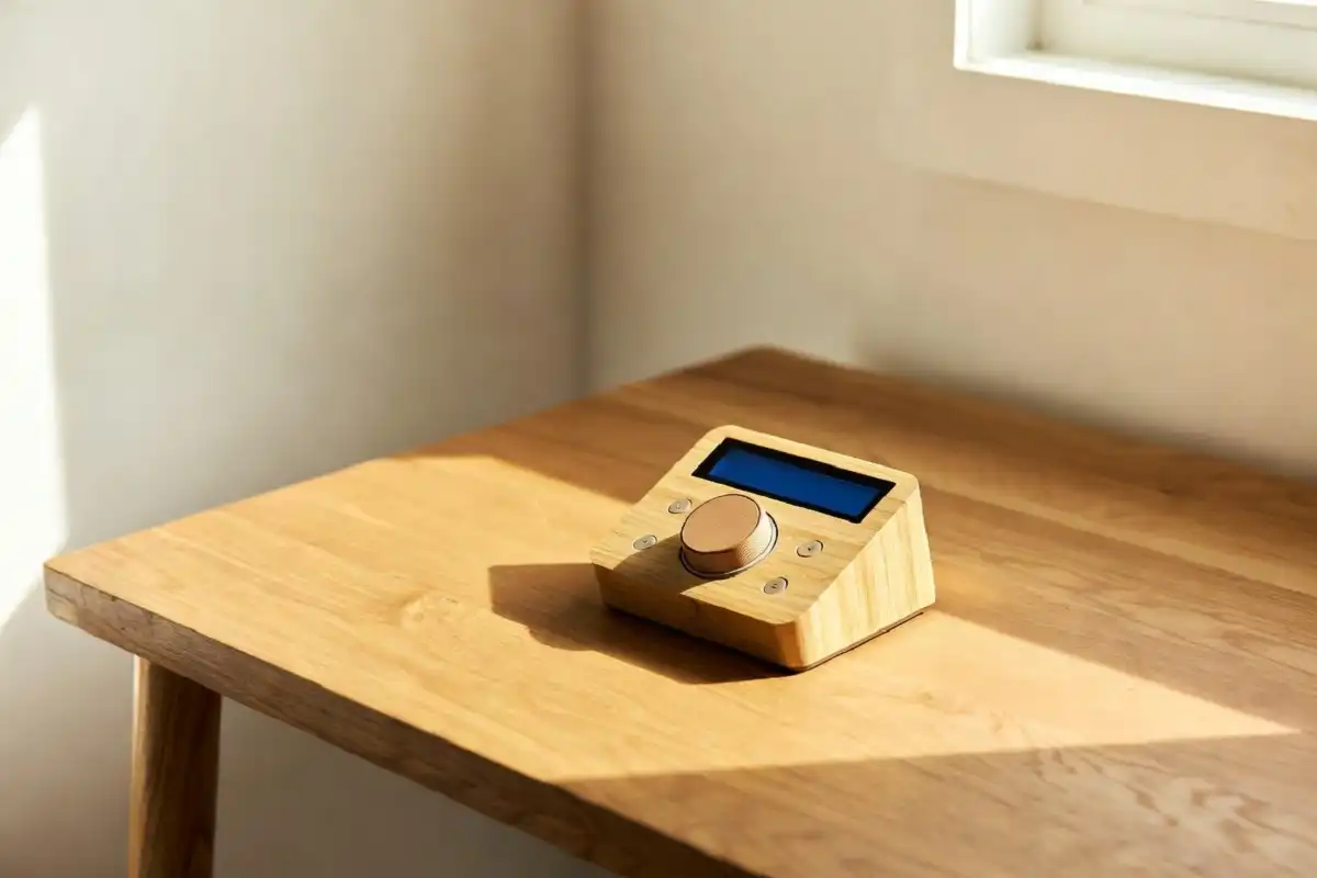 A timber tech wooden smart home device on a natural wood desk