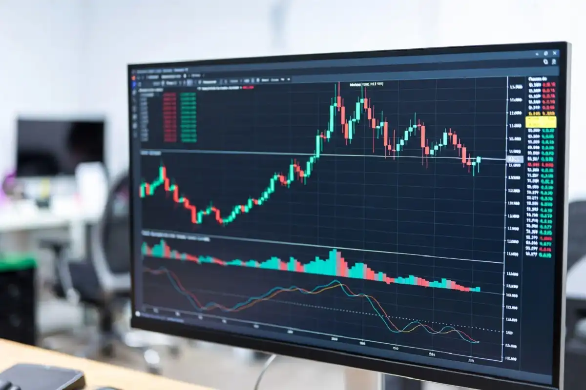 Close up of stock market candlestick charts on a computer screen