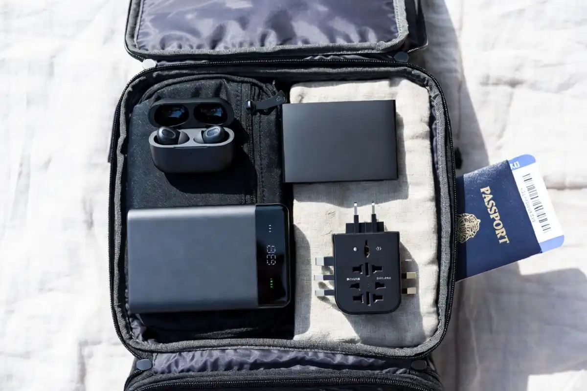Essential travel digital gadgets including power bank and earbuds laid out on a suitcase